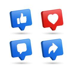 Poster - Social media notification icons in 3d speech bubbles like love comment share icon