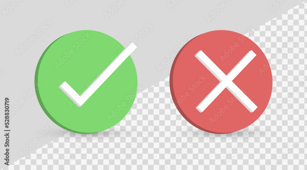 3d check mark icon button, green tick and red cross signs symbols ...