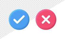 3d Check Mark Icon Button, Blue Tick And Red Cross Signs Symbols. Check Box Frame - Yes Or No 3d Checkmark Icons Buttons, Right, Wrong, Approved, Rejection Sign Vector Illustration