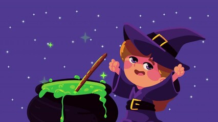 Wall Mural - happy halloween animation with witch and cauldron