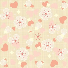  Seamless floral pattern with fabric backdrop of pastel colors with flowers, petals, hearts

