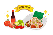 Somtum Thai Food Spicy Papaya Salad Hand Drawn Cartoon Illustration