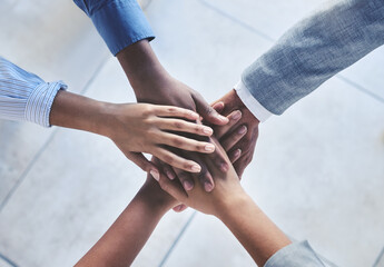 Poster - Diversity, partnership and global hands stack of men and women in a company. Team building, support and business people in collaboration using teamwork to set, mission, vision and sale goals top view