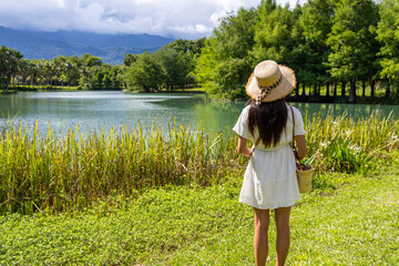 Sticker - Tourist woman go to the lakeside