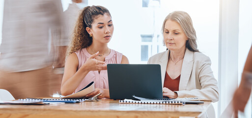 Poster - Teamwork, mentor and coaching with a leader, manager or boss talking to a business woman and working on a laptop at work. Collaboration, learning and planning with a senior supervisor and employee