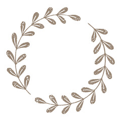 Wall Mural - Grunge golden laurel wreath frame with asymmetrical leafy branches on white background