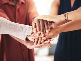 Hands, trust and team building workshop for support of inclusive corporate company workplace. Solidarity, collaboration and cooperation in diverse business workforce with multiracial staff.