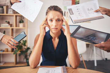 Fototapete - Stress, time management and project management business woman with paperwork, tablet and phone call in hands for office job. Headache, anxiety portrait for KPI of corporate worker in administration