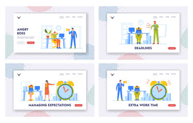 Wall Mural - Work Deadline Landing Page Template Set. Angry Boss Yell in Loudspeaker and Showing Time with Business Characters