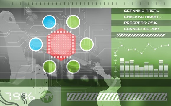 Digital composite image of shapes and text with graphs on screen