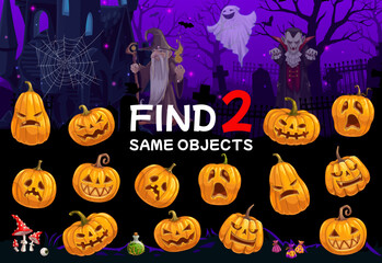 Aufkleber - Find two same cartoon Halloween eerie pumpkins. Objects compare game, kids playing activity or quiz vector worksheet with Halloween creepy Jack o lantern faces, sorcerer and Dracula vampire characters