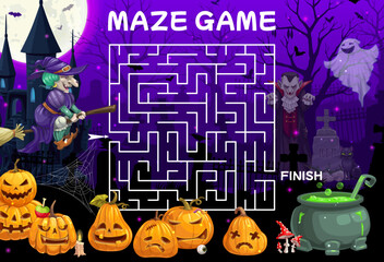 Aufkleber - Halloween labyrinth maze. Help to witch find a potion cauldron and pumpkins. Kids search path riddle or quiz vector worksheet with Halloween Jack o lanterns, witch, vampire and sorcerer characters