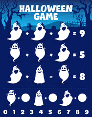 Poster - Cartoon Halloween ghost characters. Math game worksheet. Kids math addition game, educational puzzle or quiz vector worksheet with ghosts comical personages, cemetery graves crosses silhouettes