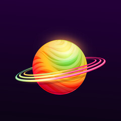 Poster - Round galaxy planet with rings. Fantasy space game UI cartoon satellite vector icon. Alien galaxy fantasy world with color rings on orbit, glowing red and green light fantastic planet