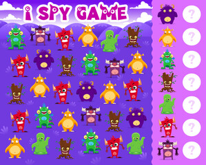 Aufkleber - I spy game. Cartoon monster characters. Kids counting puzzle or playing activity vector worksheet with creepy slime, fairy dragon and fluffy beast with horns, scary tree stump funny monster personages