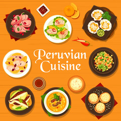 Sticker - Peruvian cuisine menu cover design template. Beef corn chowder, fish ceviche with red onion and chili, clam ceviche, avocado quinoa salad and cookie Alfajores, fish ceviche with grapefruit and avocado