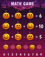 Poster - Cartoon Halloween pumpkin characters. Math game worksheet. Children math puzzle or kids playing activity vector worksheet with Halloween pumpkin Jack o lantern carved smiling faces, cemetery fence