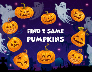 Aufkleber - Find two same Halloween cartoon pumpkins in cobweb. Details search playing activity or kids spotting puzzle vector worksheet with Halloween Jack o lantern pumpkin faces, cemetery ghosts and spider web