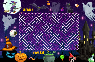 Poster - Halloween labyrinth maze. Vector kids riddle, boardgame worksheet with ghost, witch, haunted house, pumpkin, cauldron and bats with cats and trick or treat sweets. Find correct way out of the maze