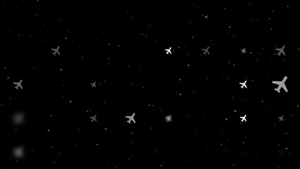 Poster - Template animation of evenly spaced plane symbols of different sizes and opacity. Animation of transparency and size. Seamless looped 4k animation on black background with stars