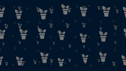Poster - Plant in pot symbols float horizontally from left to right. Parallax fly effect. Floating symbols are located randomly. Seamless looped 4k animation on dark blue background
