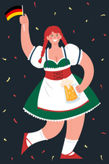 Wall Mural - Octoberfest Beer Festival. A woman in a national German costume holds a mug of beer and a flag of Germany. Vector flat illustration.