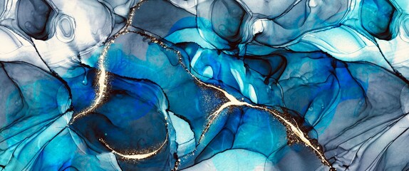 Wall Mural - Deep blue alcohol ink background with golden veins design elements, modern fluid art texture, hand drawn painting wallpaper, wall art interior decoration
