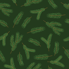  Seamless pattern with pine twigs on green background. Good for fabric, wallpaper, packaging, textile, web design. Vector illustration