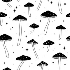 Wall Mural - Seamless pattern with mushrooms and stars. Celestial background. Hand drawn vector illustration. Black and white.