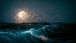 Moonlight Night Stormy Seascape Spectacular Art Illustration. Full Moon Illuminates the Dramatic Sea Impressive Background. Digital Painting AI Neural Network Computer Generated Art Marine Wallpaper