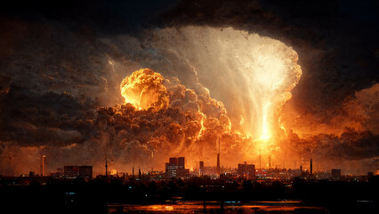 huge explosion above city skyline apocalyptic sky spectacular art illustration. global war apocalypt