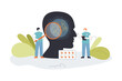 Doctor examining confusion in brain of patients head. Tiny man looking through magnifying glass flat vector illustration. Dementia, memory concept for banner, website design or landing web page