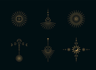 Sticker - set of moon and sun line art. minimal boho linear symbols. celestial mystic element. vector line art