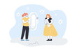 Tiny girls holding personal feminine hygiene products. Female characters with tampon and sanitary pad flat vector illustration. Menstruation concept for banner, website design or landing web page