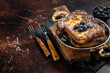 French toasts with maple sirup and Blueberry. Dark background. Top view. Copy space
