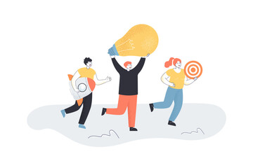 Wall Mural - Tiny people running with bulb, rocket and target. Male and female employees launching new project flat vector illustration. Entrepreneurship concept for banner, website design or landing web page
