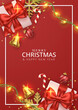 Merry Christmas poster background with gift, string light, candy, bells and snowflakes. Vector illustration