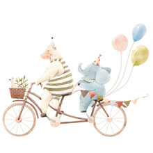 Beautiful Children Composition With Cute Watercolor Hand Drawn Circus Animals. Sheep And Baby Elephant On Bike With Air Balloons. Stock Illustration.