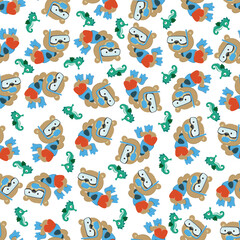  Seamless pattern texture with little bear swim in underwater. For fabric textile, nursery, baby clothes, background, textile, wrapping paper and other decoration.