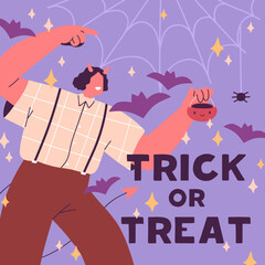 Wall Mural - Halloween card design. Trick or Treat postcard template for October holiday. Happy Helloween square background with web, spiders, bats and monster man with cauldron. Colored flat vector illustration