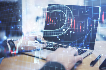Aufkleber - Close up of hands using laptop with creative glowing ruble hologram and forex chart on blurry background. Money, trade, market, online banking app, currency and finance concept. Double exposure.