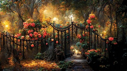 Blooming old garden, autumn evening park, beautifully lit by cozy lamps, romantic painting, red roses, digital art, printable wall art, nature background or wallpaper