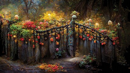 Wall Mural - Blooming old garden, autumn evening park, beautifully lit by cozy lamps, romantic painting, red roses, digital art, printable illustration, nature background or wallpaper