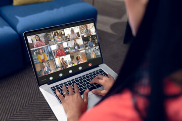 Poster - Composition of caucasian businesswoman having video call with colleagues