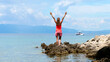 happy woman on the coast with sea, boaat and mountain (relaxing,  vacation,  freedom concept)