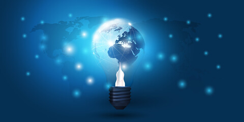 Poster - Cloud Computing, Electric and Global Network Connections Concept Design with Earth Globe Inside a Glowing Light Bulb, Transparent 3D Geometric Mesh and World Map-Illustration in Editable Vector Format