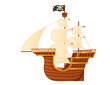 Wooden medieval pirate ship with white sails and black pirate flag galleon war wessel vector illustration isolated on white background