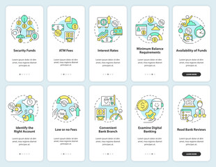 Wall Mural - Choosing credit union and bank onboarding mobile app screen set. Walkthrough 5 steps editable graphic instructions with linear concepts. UI, UX, GUI template. Myriad Pro-Bold, Regular fonts used