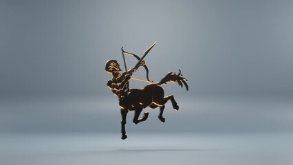 Poster - Beautiful black zodiac sign Sagittarius with yellow light symbol icons on a blue background. 3d rendering illustration. Background pattern for design. Loop video.