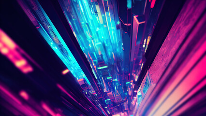 Wall Mural - Futuristic cyberpunk city with blue and pink light trail. Concept sci fi downtown at night with skyscraper, highway and billboards. 3D illustration.